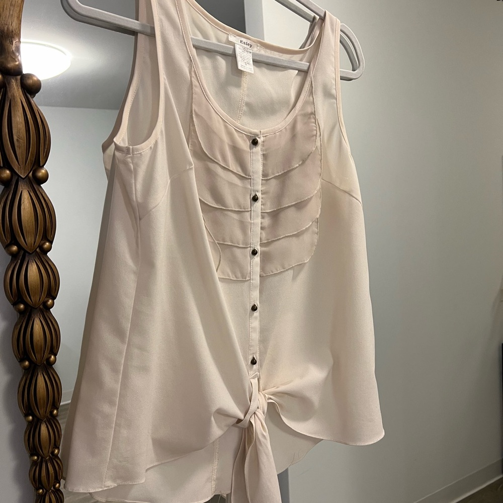 Cream sheer tank top with buttons and tie bottom